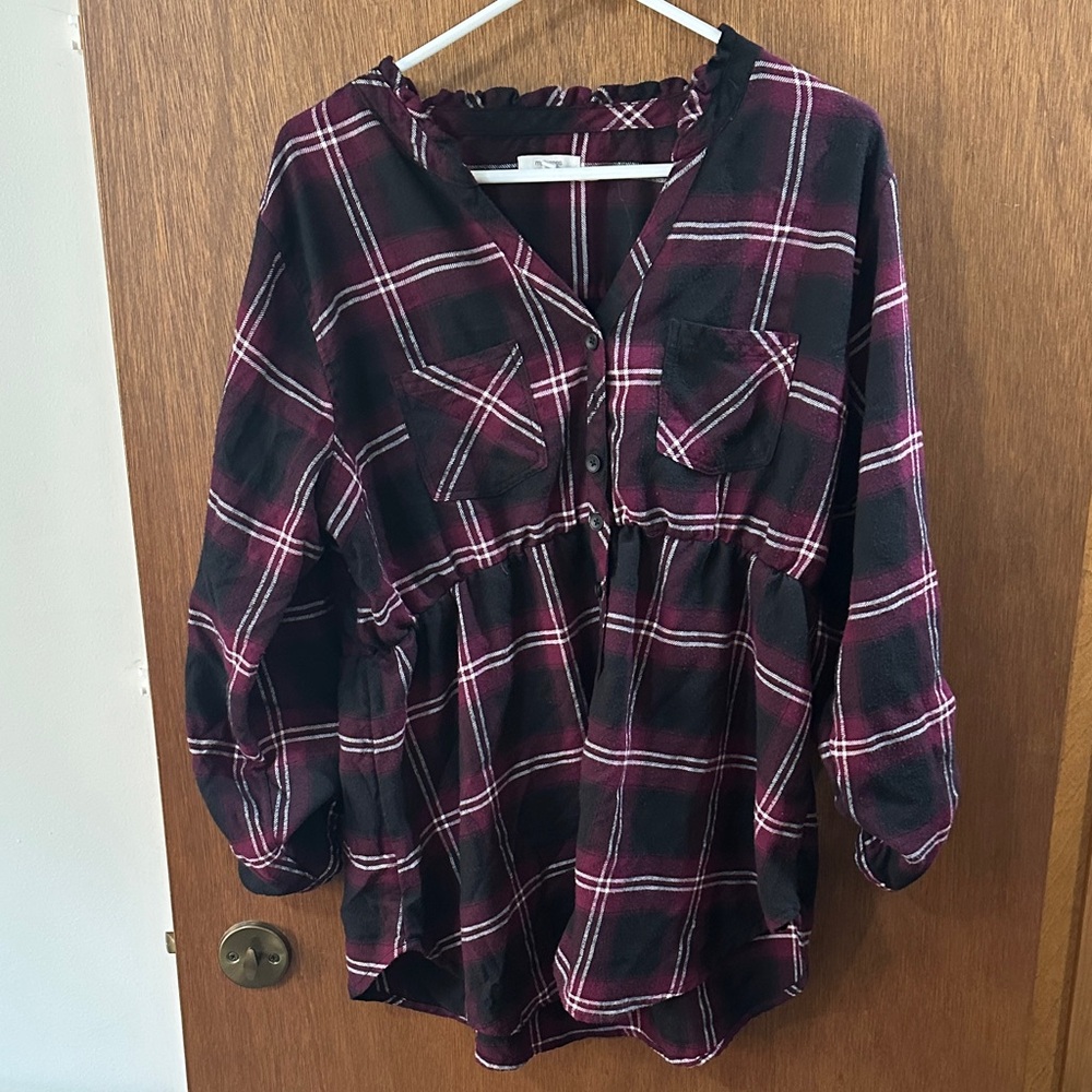 Plaid Women's Top - Black and Burgundy